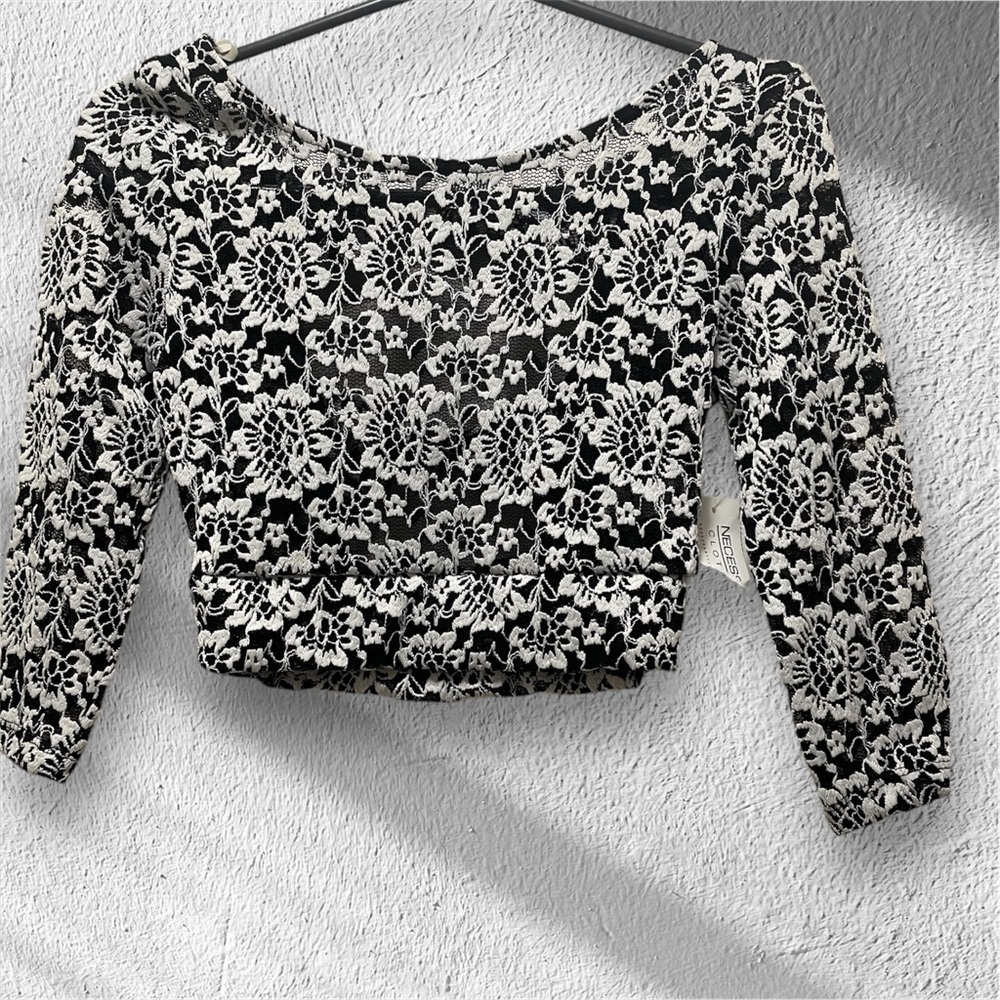 Necessary clothing crop top black/white floral lace knotted open back